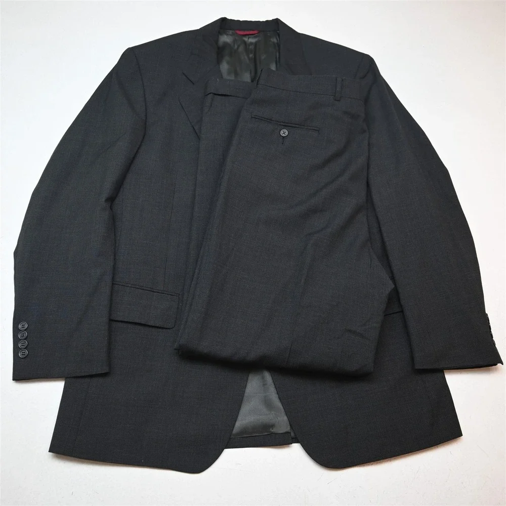 Vtg USA Made Jos A Bank 44L 36x32 Gray Nailshead 100% Wool Jacket Pants Suit